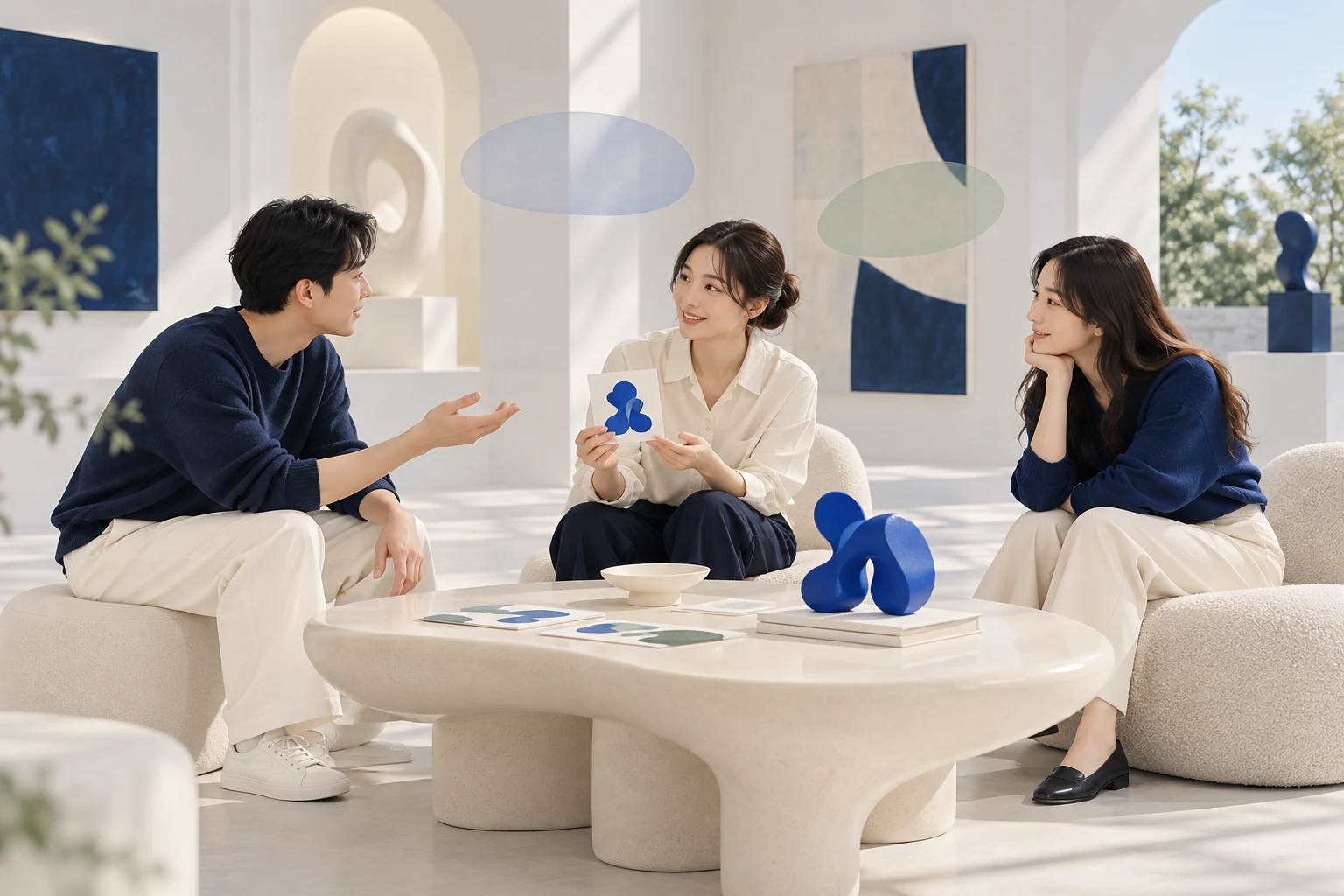 문청사례의 열린 대화: 작업실에서 작품을 보여주고 서로의 이야기를 듣는 세 사람의 AI 컨셉 이미지