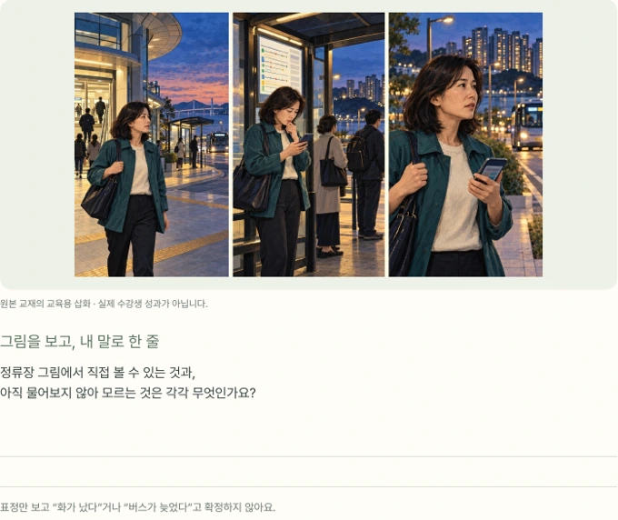 짐작 대신, 질문하기 · 그림을 보고 직접 쓰는 워크북 지면