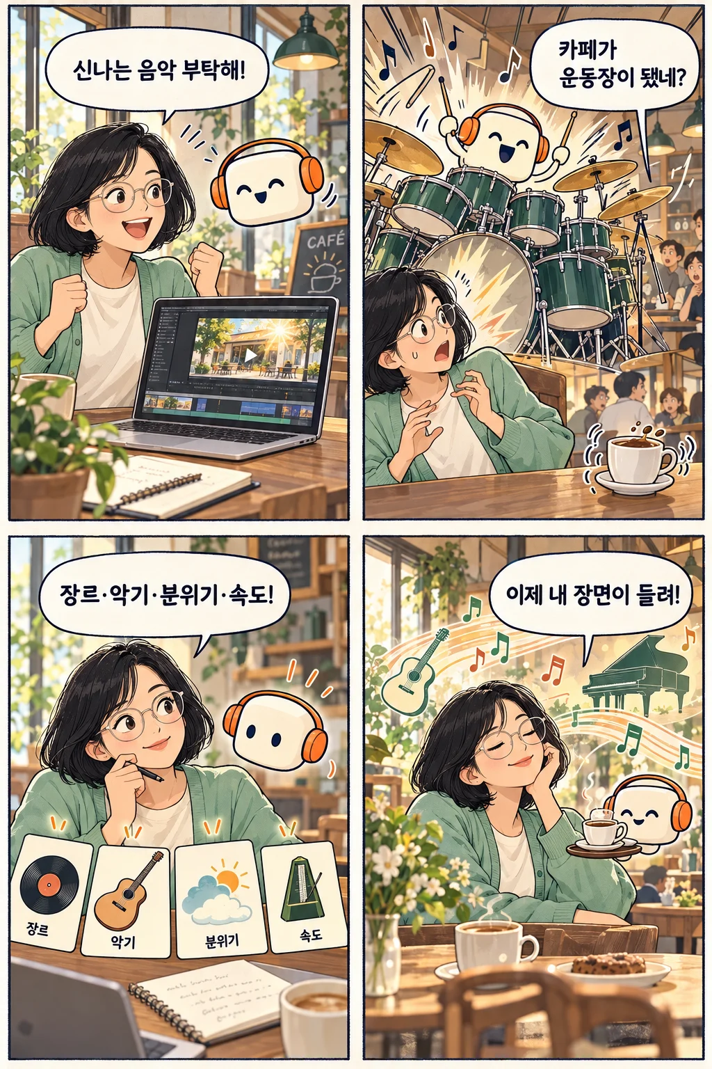 신나는 음악을 부탁했더니 카페가 공연장처럼 됩니다. 장르·악기·분위기·속도를 구체적으로 고르며 장면에 맞는 음악을 찾는 4컷 웹툰