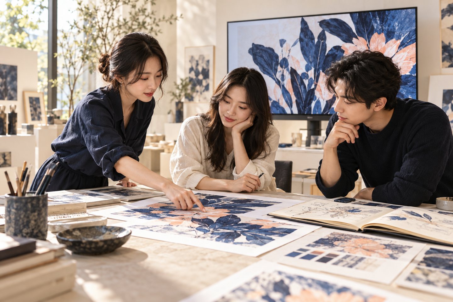 함께 작업을 검토하며 활동을 준비하는 창작자들의 AI 컨셉 이미지