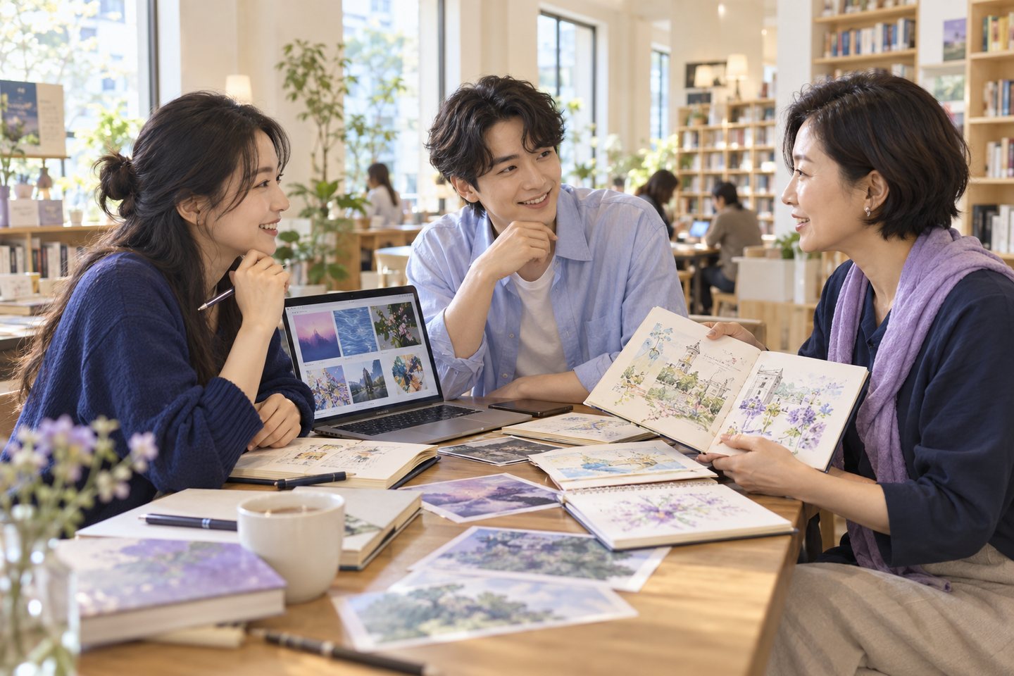 작업을 보여주며 대화하는 동료들의 AI 컨셉 이미지
